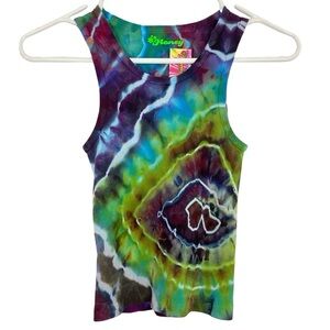 Handmade Geode Tie Dye Ribbed Tank Top Womens Size Small Multi Green Upcycled